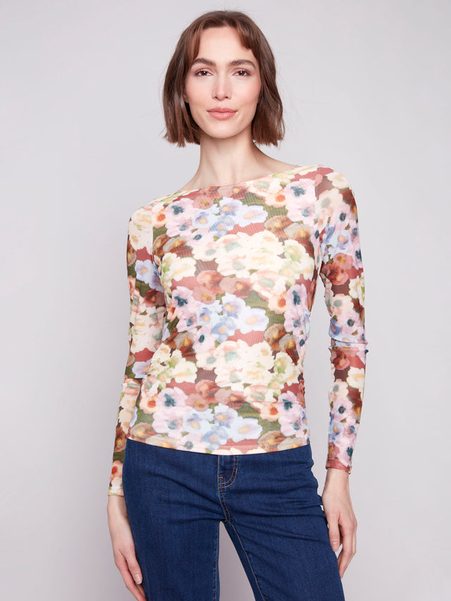 PRINTED MESH TOP W/GATHERING AT SIDES - BOTANICAL