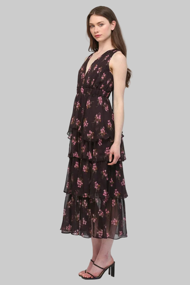 FLORAL PLEATED BODICE TIERED MAXI DRESS - BROWN MULTI