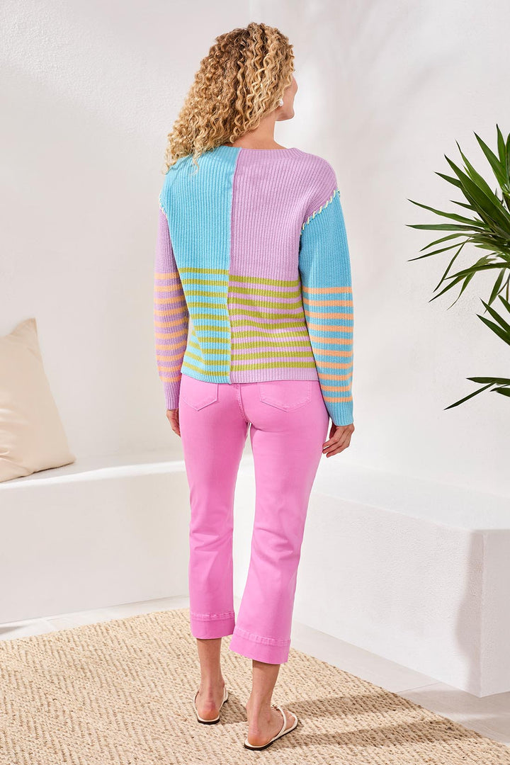 MULTI STRIPE TEXTURED BOAT NECK SWEATER - LILAC ROSE