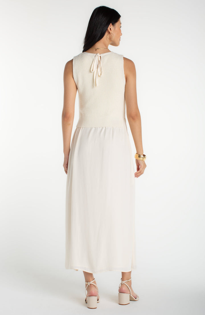 SLEEVELESS CREW NECK TIE BACK SWEATER WOVEN DRESS - CREAM