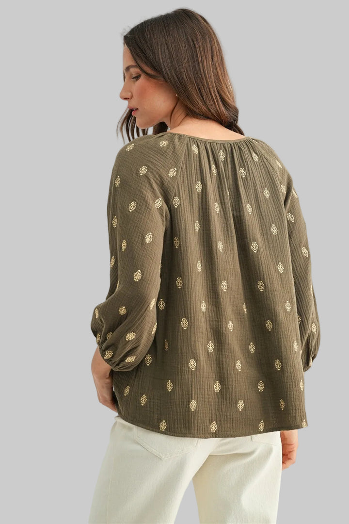 3/4 SLEEVE EMBROIDERED GAUZE TOP - OLIVE