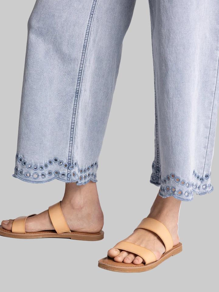 ELASTIC WAIST CROPPED EMBROIDERY MORWENNA PANTS - MEDIUM BLUE