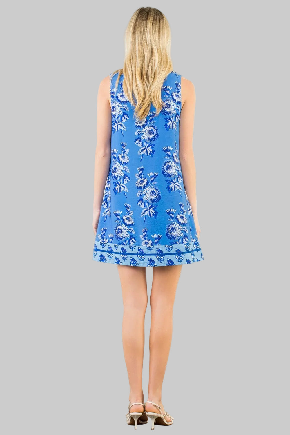 SLEEVELESS V-NECK FLORAL PRINT SHORT DRESS - BLUE