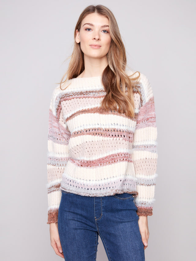 PATCHWORK KNIT DROP SHOULDER SWEATER - FIG