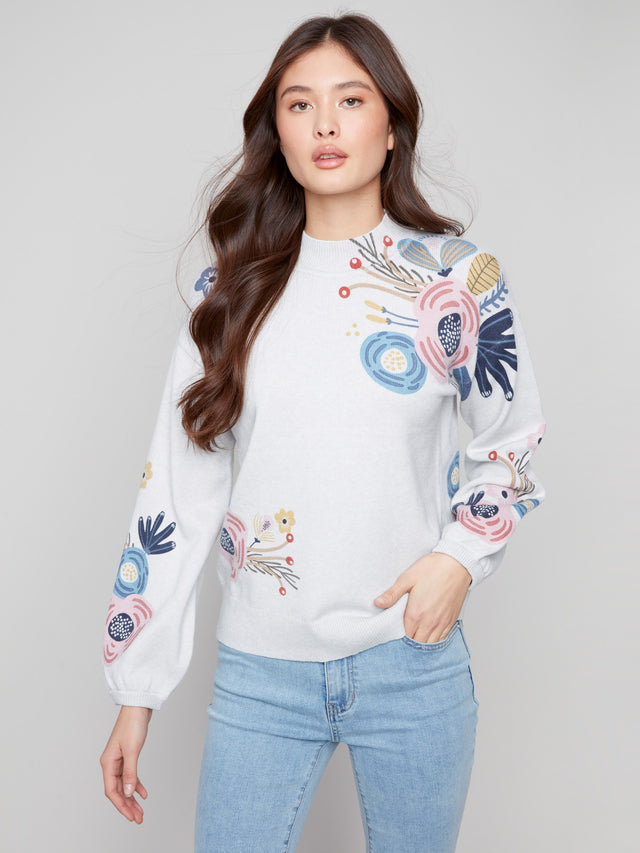 MOCK NECK SWEATER WITH FLORAL PRINT - HEATHER GREY
