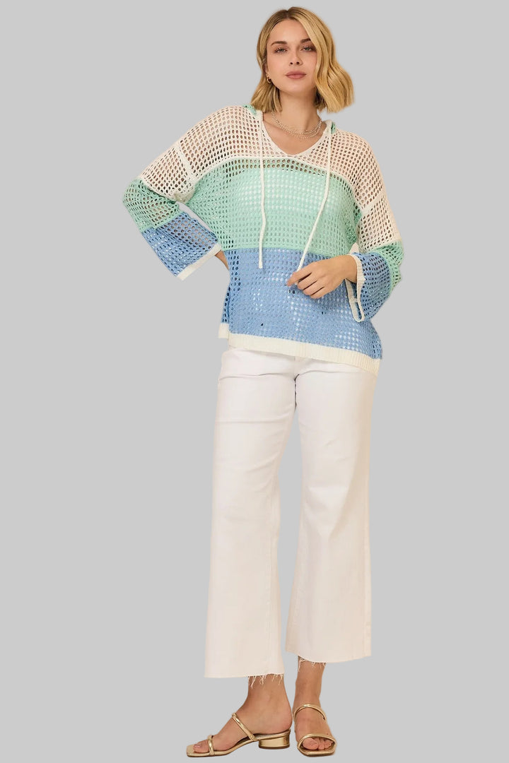 LONG SLEEVE OPEN KNIT COLOR BLOCKED HOODED SWEATER - SEAGLASS