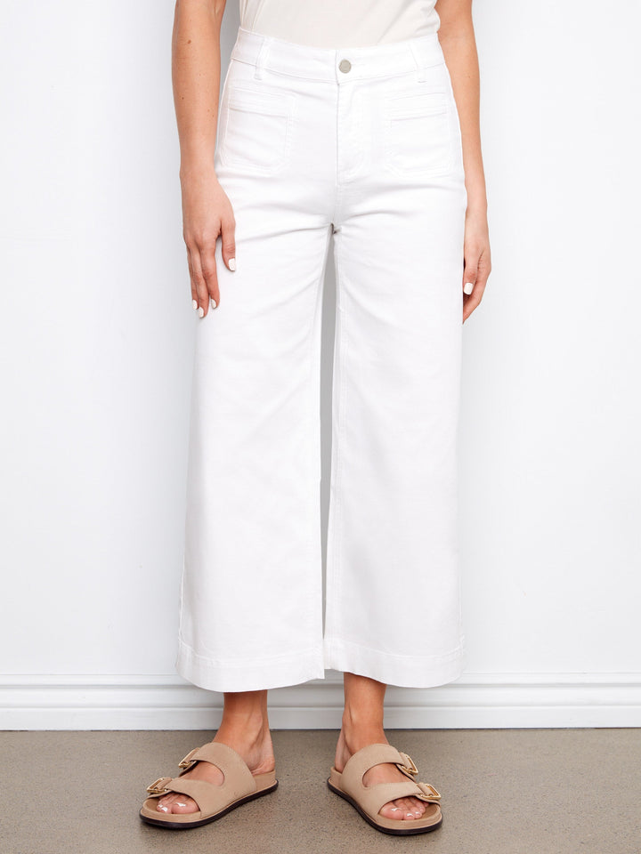 COLORED TWILL  CROPPED FLARE LEG PATCH POCKET PANTS - WHITE