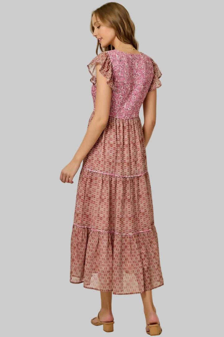 FLUTTER SLEEVE CHIFFON MIXED PRINT MIDI DRESS - RASPBERRY