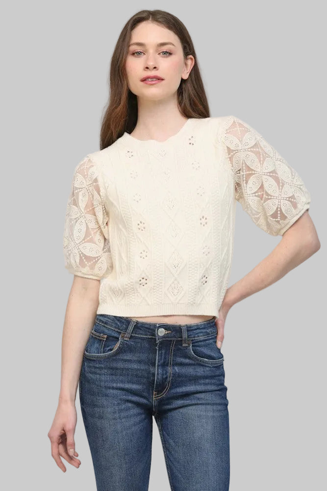 SHORT SLEEVE SHEER EMBROIDERED CONTRAST KNIT SWEATER - CREAM