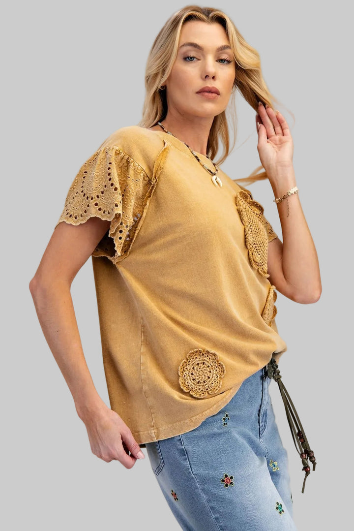 LACE SLEEVE CROCHET PATCH TERRY KNIT TOP - WALNUT