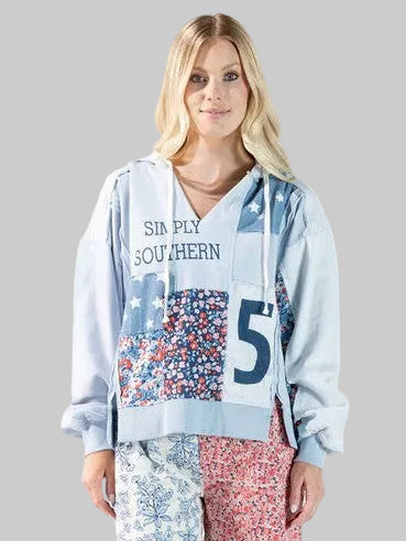 SIMPLY SOUTHERN PATCHWORK HOODED PULLOVER - LIGHT BLUE