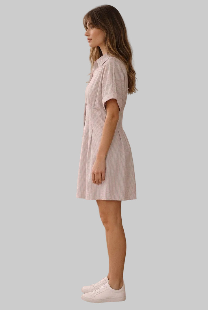 STRIPED SEERSUCKER PLEATED SHORT DRESS - MINT/PEACH