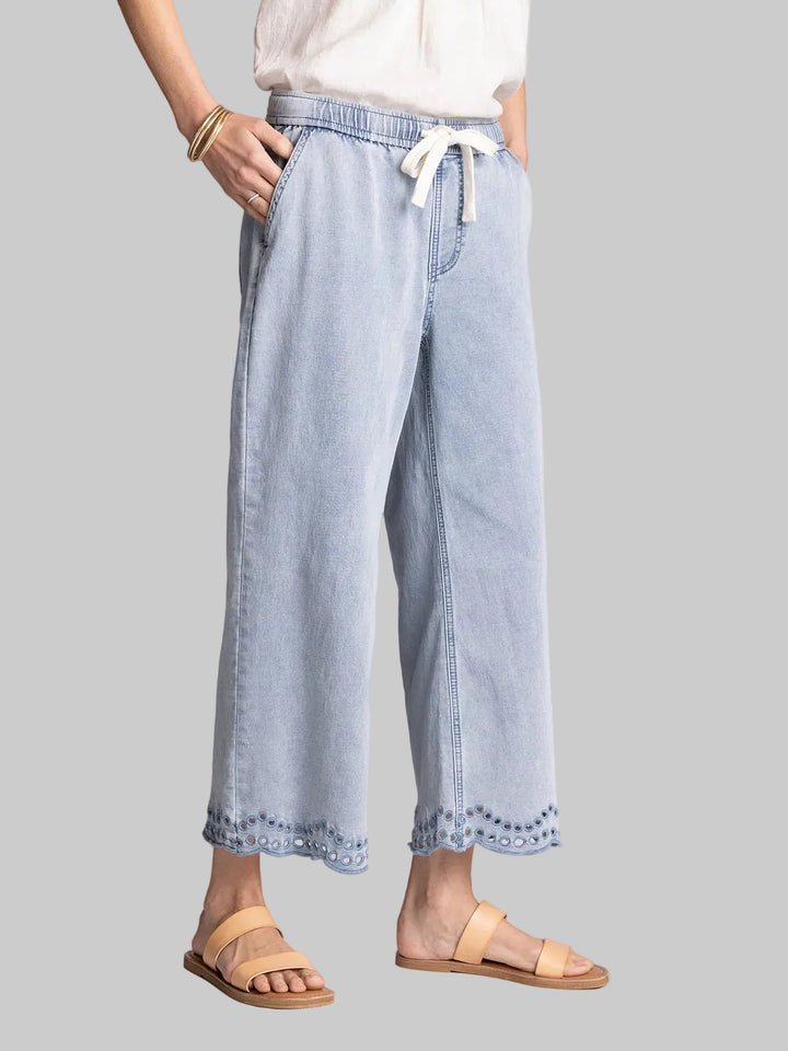 ELASTIC WAIST CROPPED EMBROIDERY MORWENNA PANTS - MEDIUM BLUE