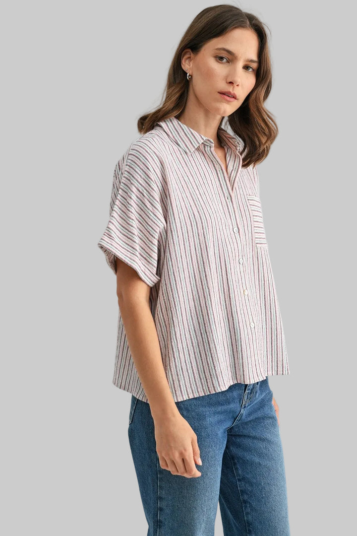 SHORT SLEEVE STRIPED COLLARED BUTTON FRONT TOP - NAVY