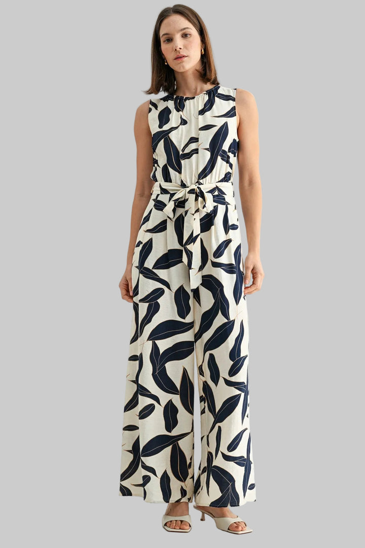 SLEEVELESS LEAF PRINT TIE WAIST JUMPSUIT - NAVY