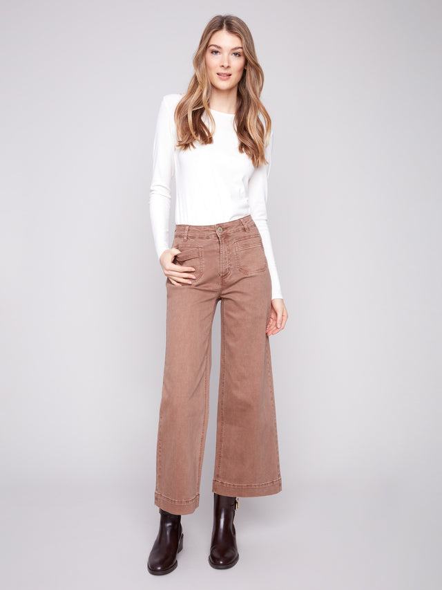 CROPPED PATCH POCKET FLARE TWILL PANTS - TRUFFLE