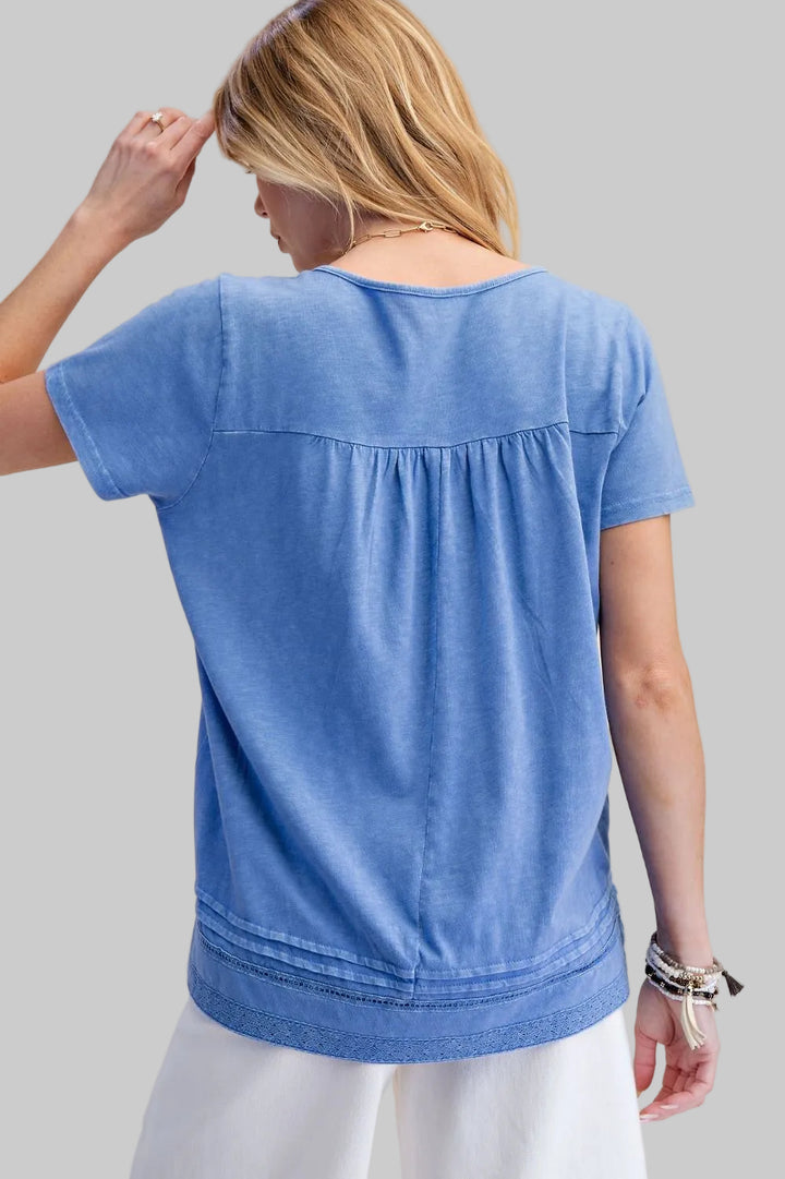 SHORT SLEEVE LACE TRIM COTTON TOP - LILAC BLUE