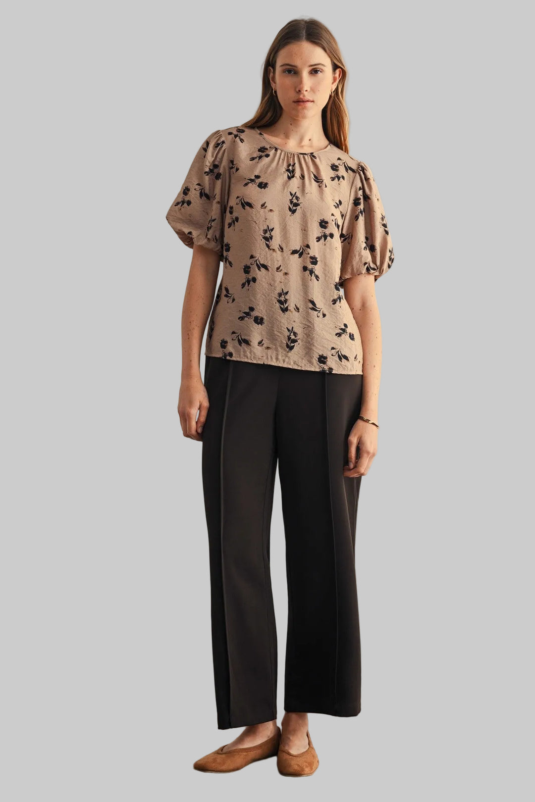BALLOON SLEEVE FLOWER PRINT TOP - TAUPE