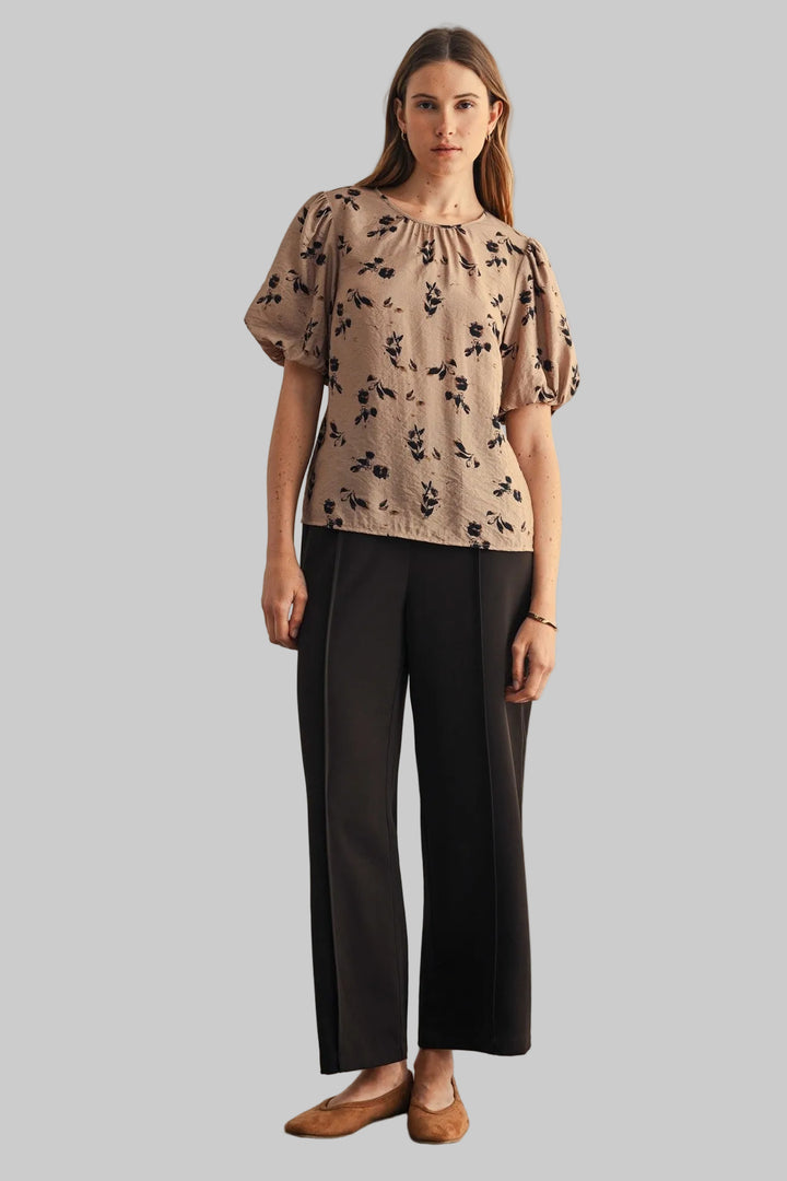 BALLOON SLEEVE FLOWER PRINT TOP - TAUPE