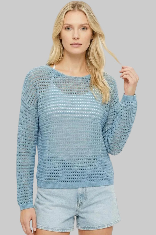 WIDE CREW NECK FISH NET CROCHET TOP - DENIM