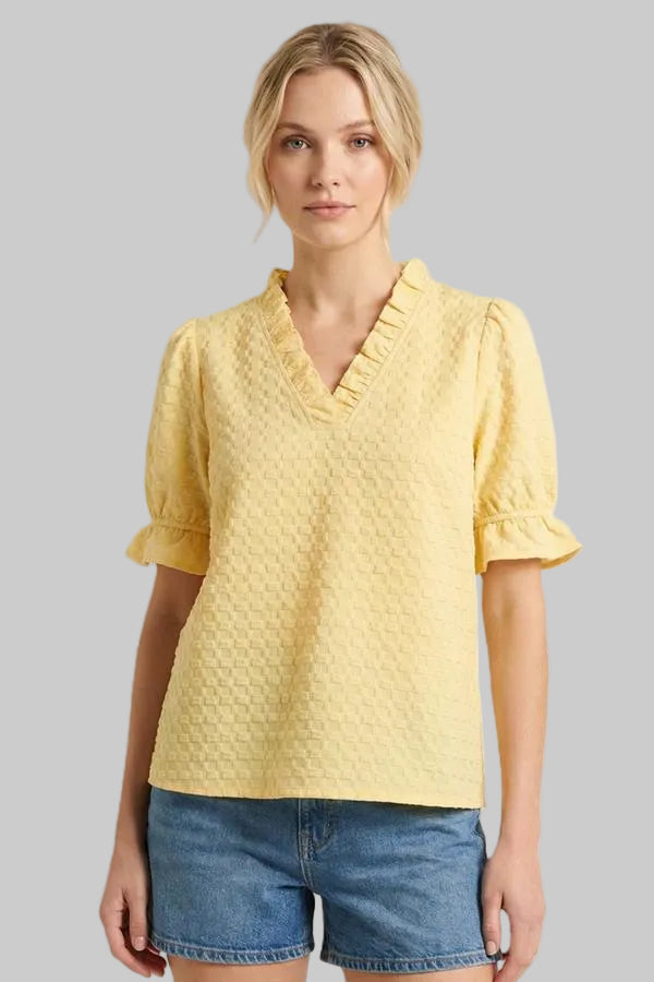 RUFFLED V-NECK ELBOW SLEEVE TOP - YELLOW