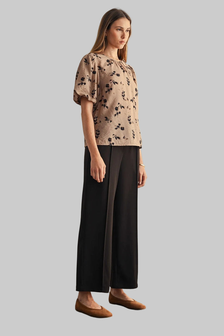 BALLOON SLEEVE FLOWER PRINT TOP - TAUPE