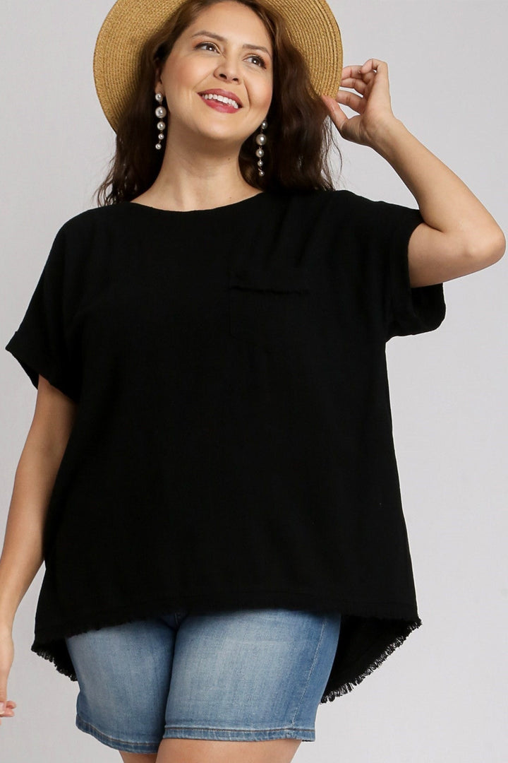 SHORT SLEEVE LINEN BOXY FRAYED HEM TOP - BLACK
