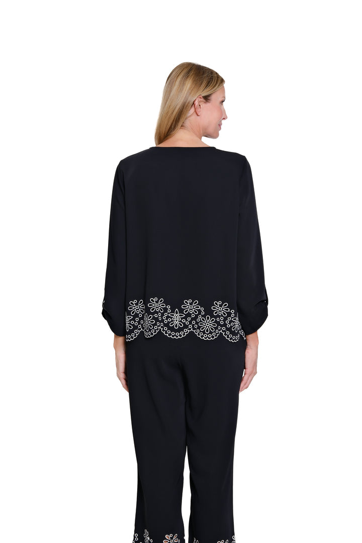 FOLD UP CUFF 3/4 SLEEVE EMBROIDERED HEM TOP - BLACK