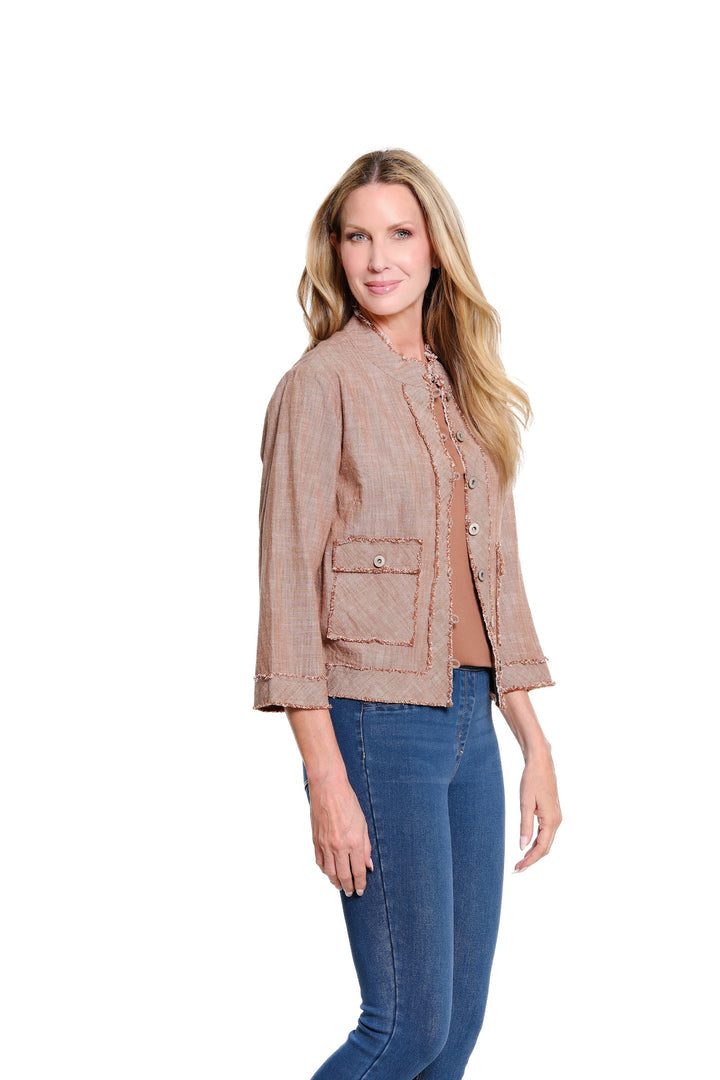 3/4 SLEEVE BUTTON FRONT WOVEN JACKET - COCOA