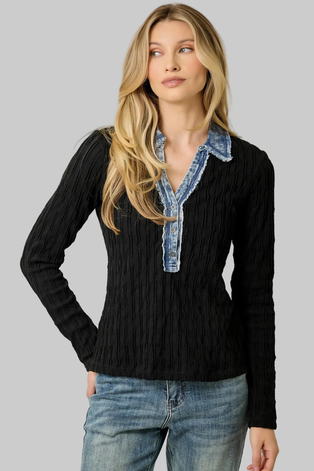 DENIM MIXED TEXTURED KNIT HENLEY TOP - BLACK