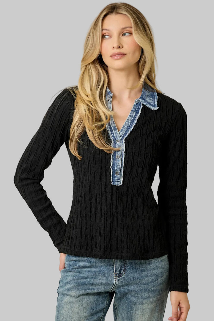 DENIM MIXED TEXTURED KNIT HENLEY TOP - BLACK