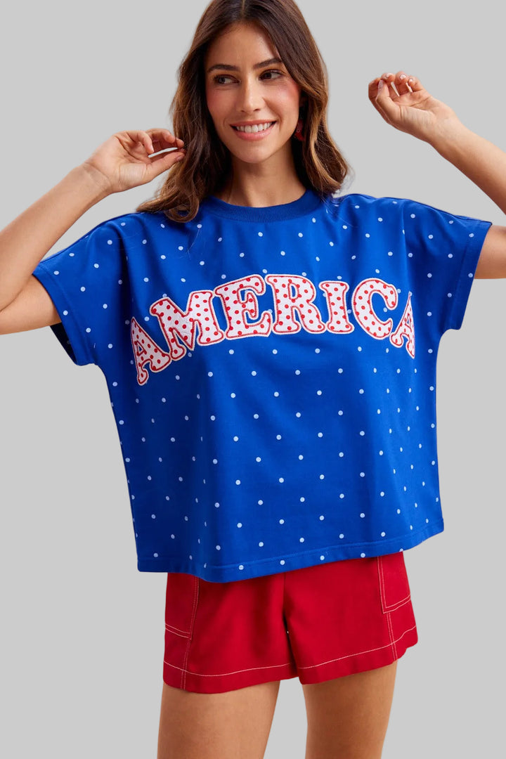 SHORT SLEEVE AMERICA PATCH POLKA DOT TOP - BLUE