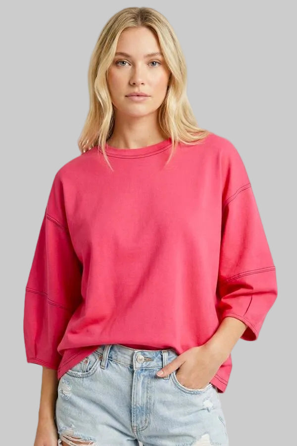 3/4 SLEEVE CREW NECK TOP - FUCHSIA