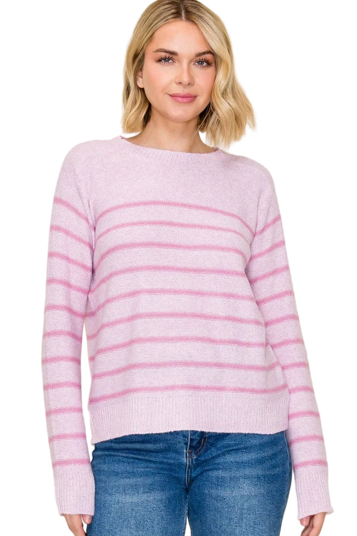 LONG SLEEVE STRIPED SWEATER - LIGHT PINK