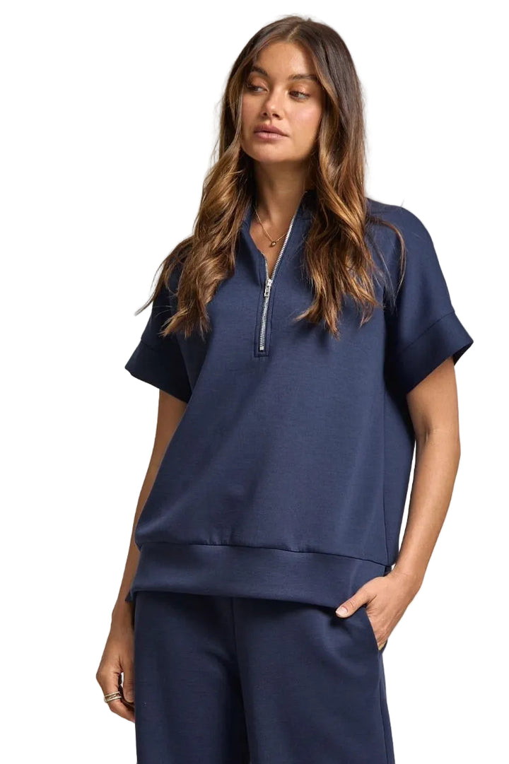 DEAR SCARLETT DOLMAN SHORT SLEEVE HALF ZIP TOP - NAVY
