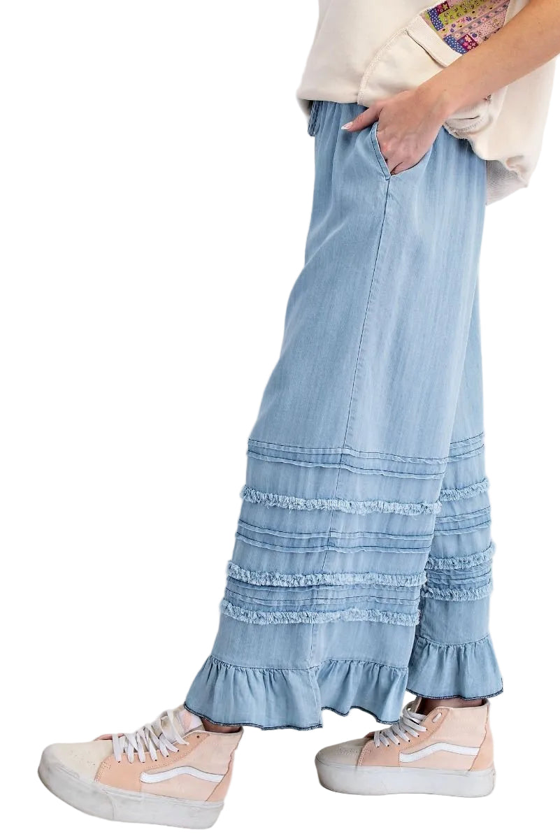 FRAYED WASHED RUFFLE HEM CHAMBRAY PANTS - LIGHT DENIM
