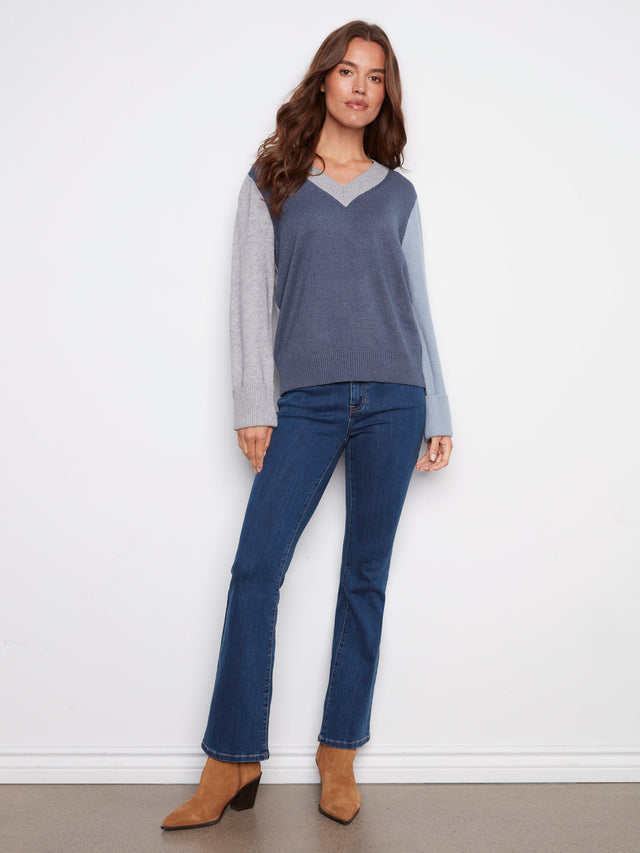 COLOR BLOCK V-NECK SWEATER - MOONLIGHT