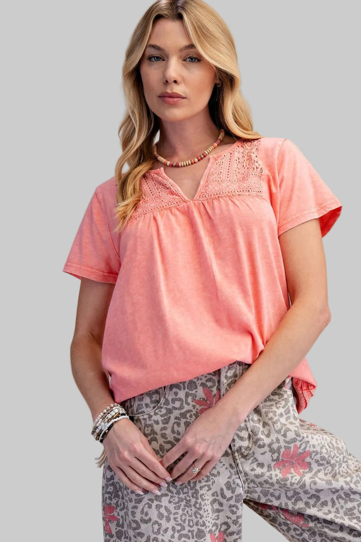 SHORT SLEEVE LACE TRIM COTTON TOP - CORAL