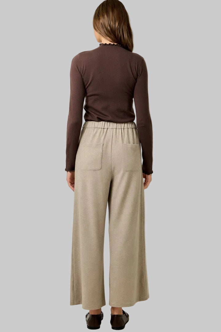 SUEDE ACCENT MELANGE WIDE LEG PANTS - STONE