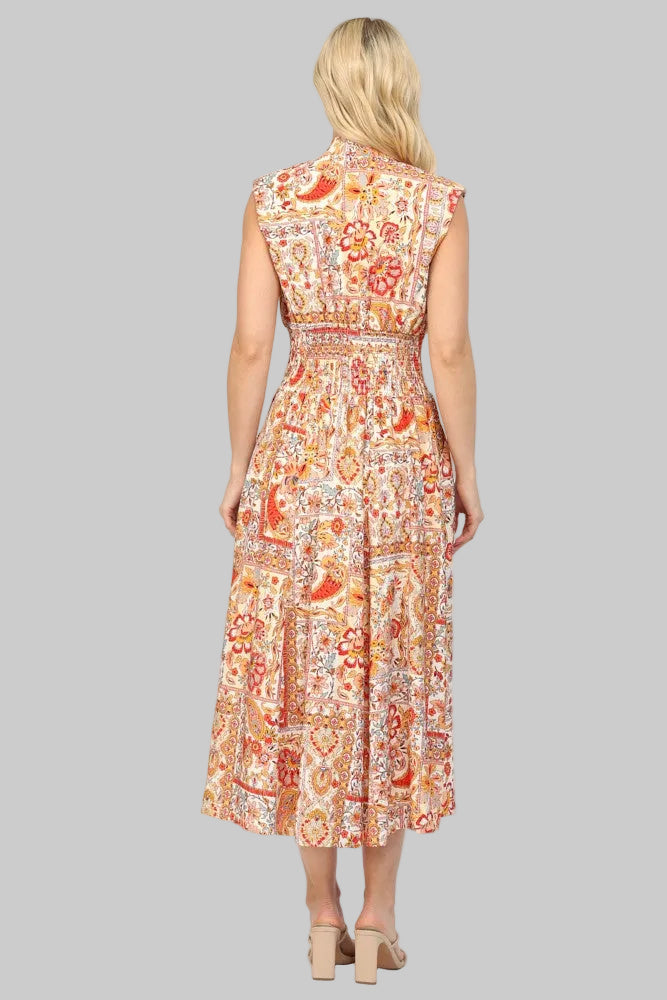 SLEEVELESS V-NECK FRONT ZIP PRINTED MIDI DRESS - CREAM MULTI