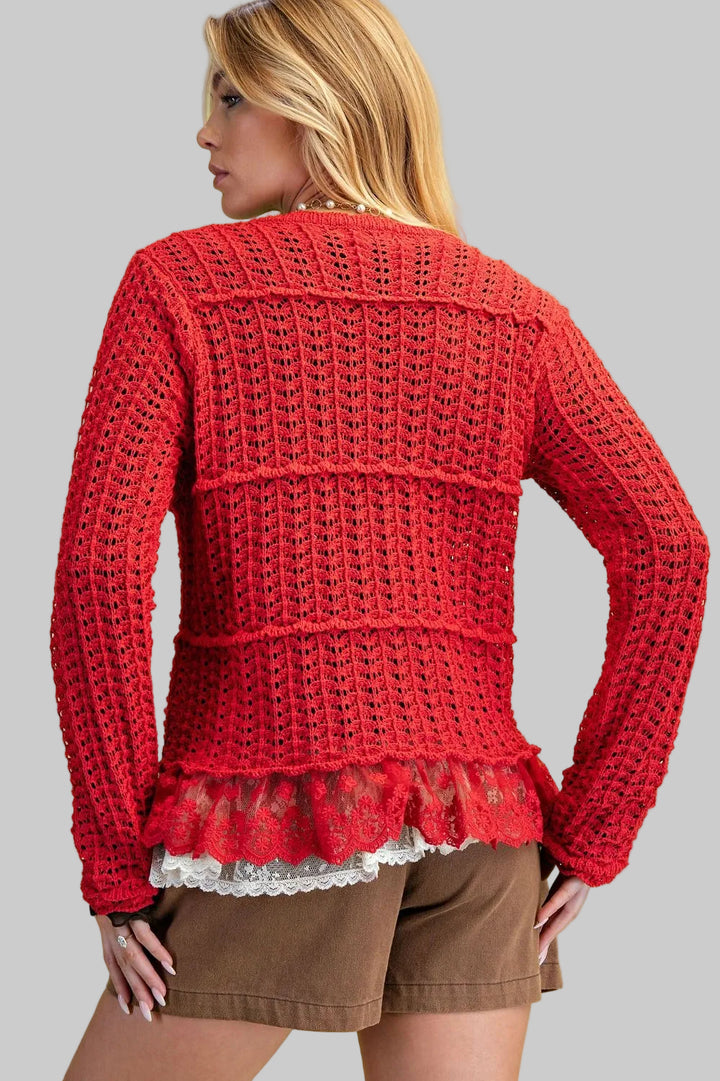L/S LACE BOTTOM KNIT CARDIGAN - RED