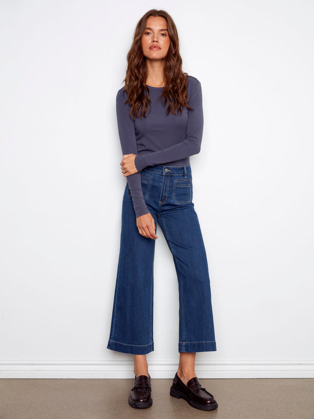 CROPPED PATCH POCKET FLARE STRETCH DENIM PANTS - INDIGO