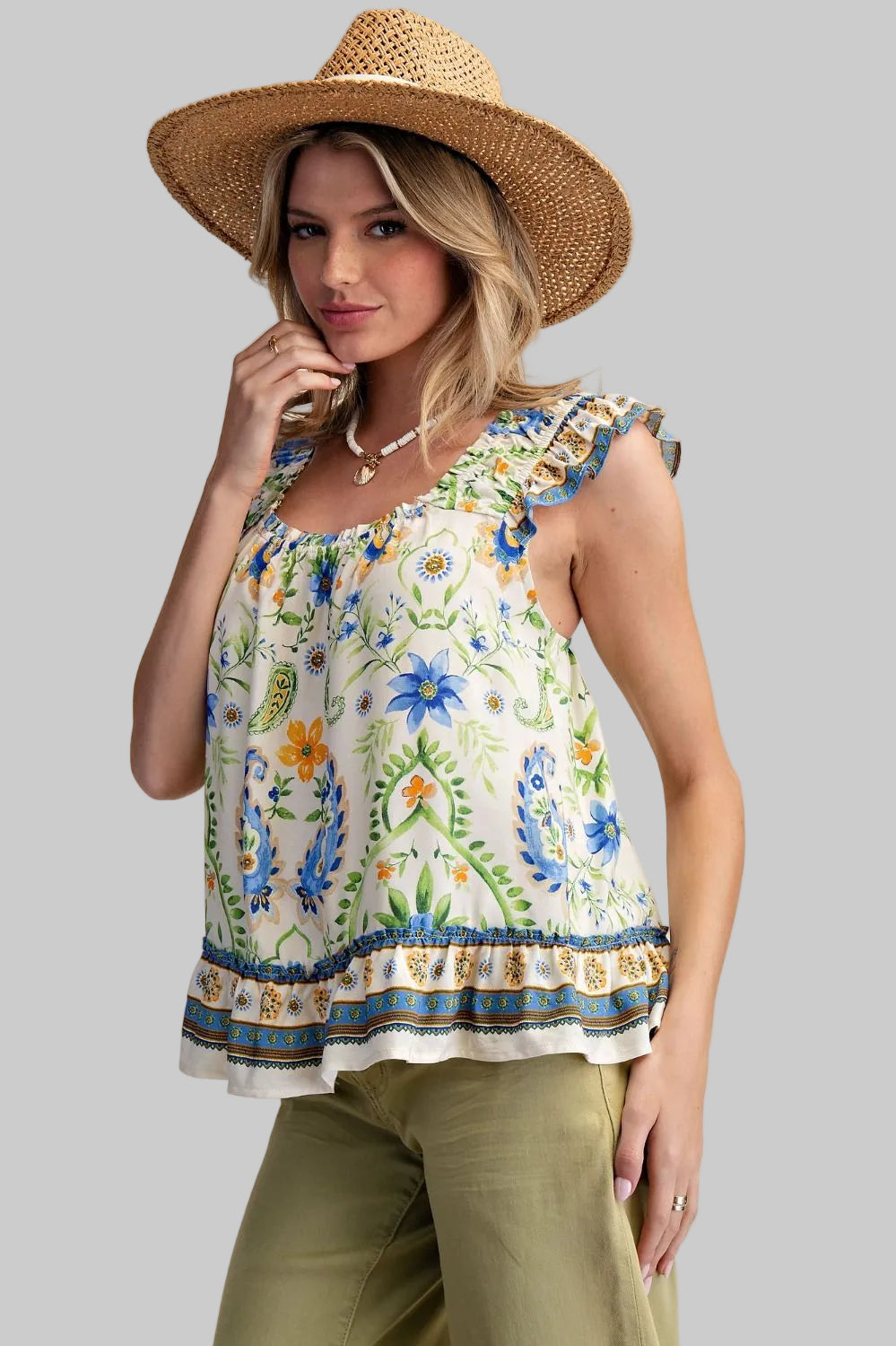CAP SLEEVE PRINTED RAYON CHALLIS TOP - PINK