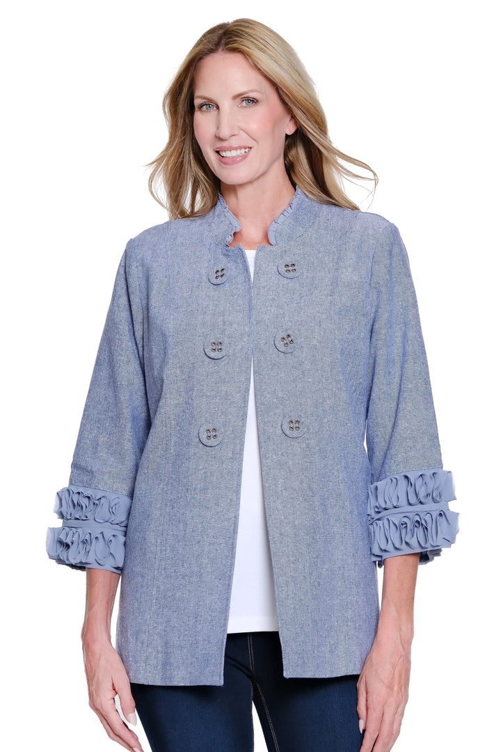 3/4 SLEEVE STAND COLLAR DOUBLE BUTTON LINED JACKET - CHAMBRAY BLUE