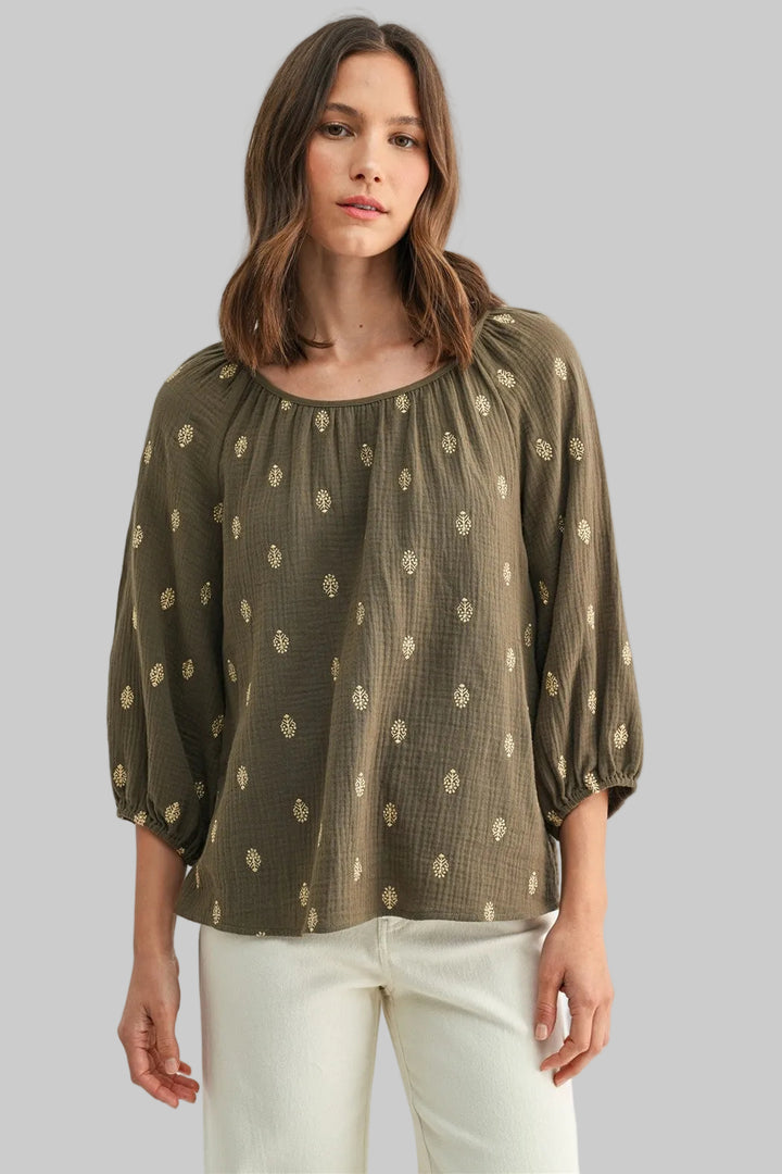 3/4 SLEEVE EMBROIDERED GAUZE TOP - OLIVE