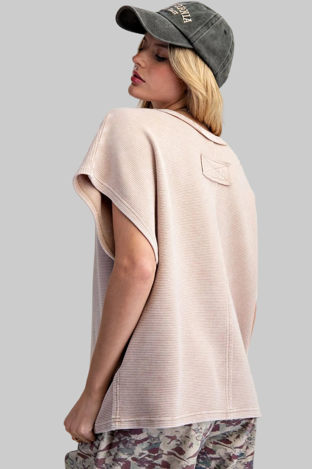 WIDE CAP SLEEVE TEXTURED OVERSIZED TOP - MUSHROOM