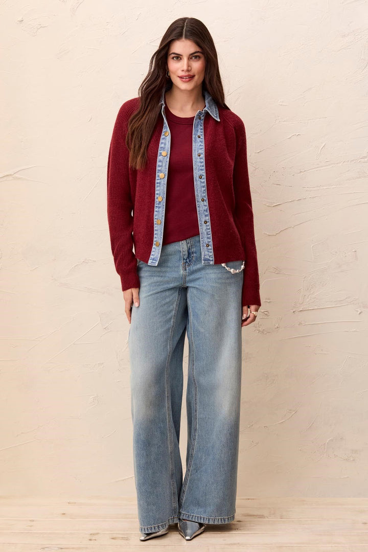 LONG SLEEVE MIXED MEDIA SWEATER JACKET WITH DENIM DETAIL - CHERRY LACQUER