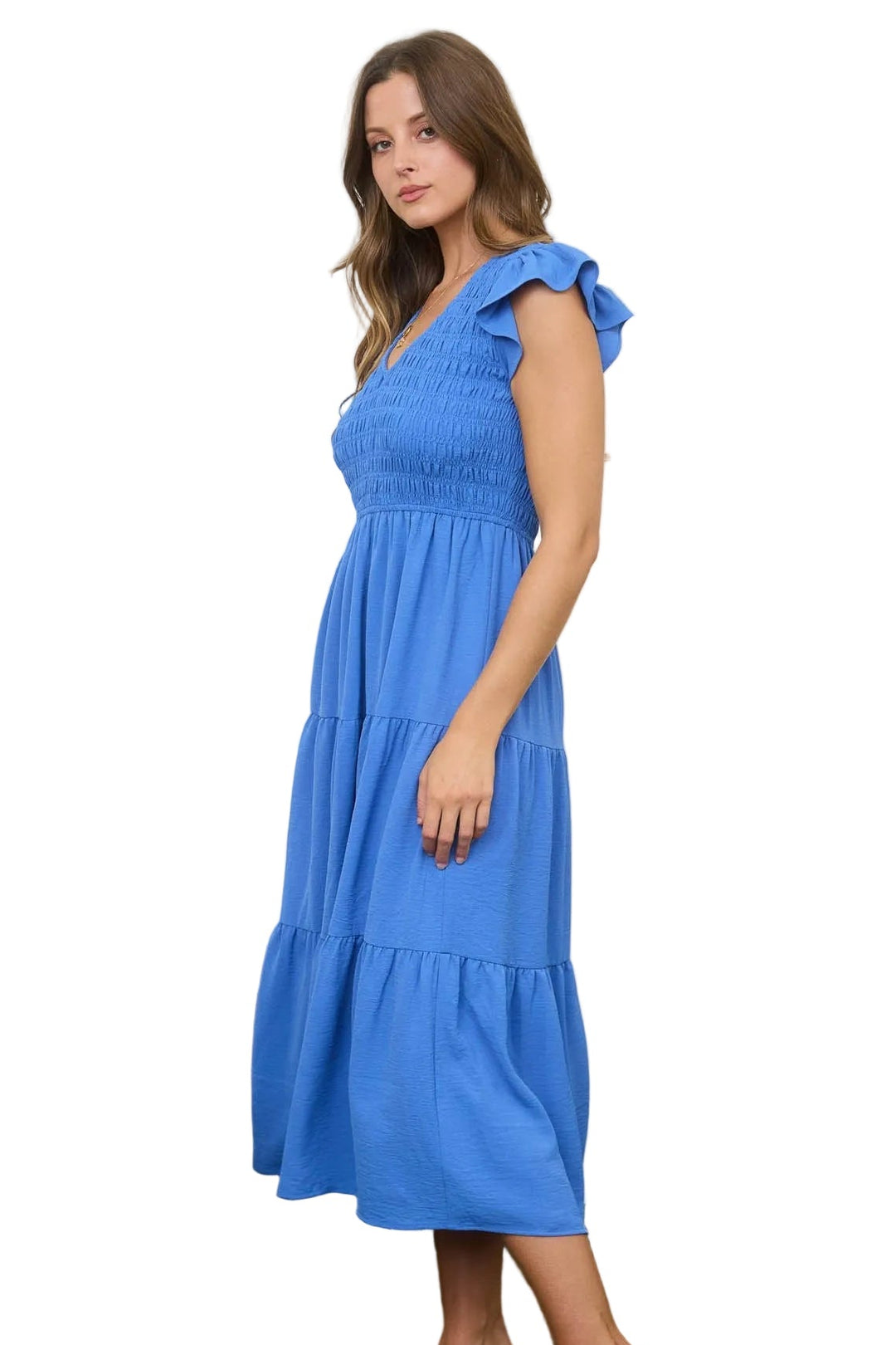 FLUTTER SLEEVE SMOCKED BODICE MIDI DRESS - DUSTY BLUE