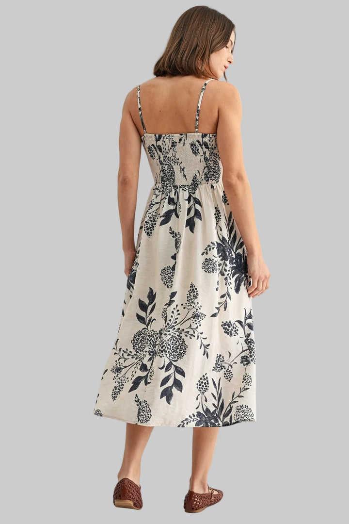 SPAGHETTI STRAP SMOCK BODICE FLORAL MIDI DRESS - IVORY/NAVY