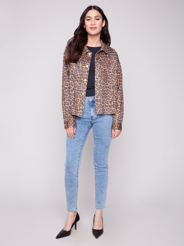 LEOPARD PRINTED SCUBA SHORT COAT - LEOPARD BROWN